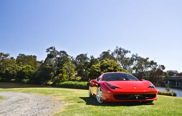 Picture the sky, trees, red, lawn, shadow, red, ferrari, Ferrari