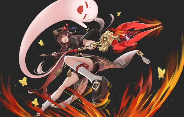 Picture butterfly, smile, movement, fire, magic, anime, cast, girl