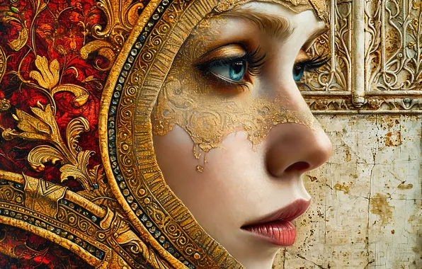Look, girl, face, cracked, eyelashes, style, wall, gold