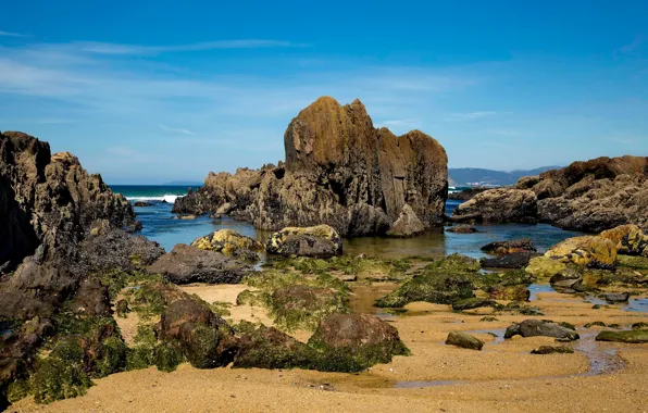 Sand, sea, beach, the sky, stones, coast, horizon, Spain