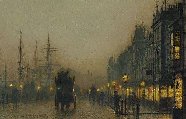 Night, lights, picture, the urban landscape, John Atkinson Grimshaw, John Atkinson Grimshaw, Reekie. Glasgow