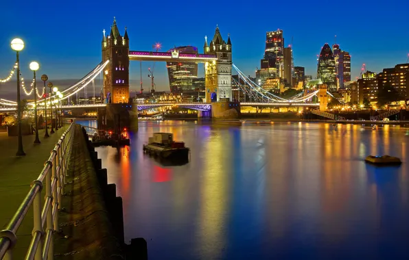 Night, lights, river, England, London, Thames, Tower bridge
