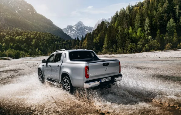 Picture squirt, Mercedes-Benz, pickup, mountain river, 2018, X-Class, gray-silver