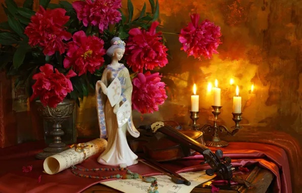 Notes, violin, Japanese, candle, bouquet, necklace, figurine, peonies
