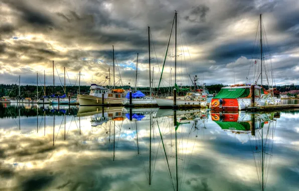 Picture sea, the sky, clouds, clouds, reflection, boat, Marina, Bay