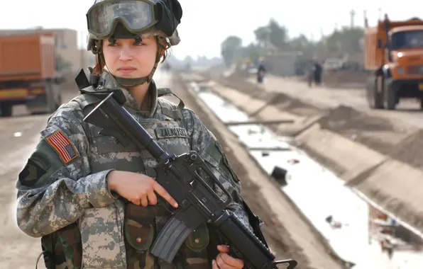 Picture girl, soldiers, USA, beautiful, soldier, automatic, Division, unit