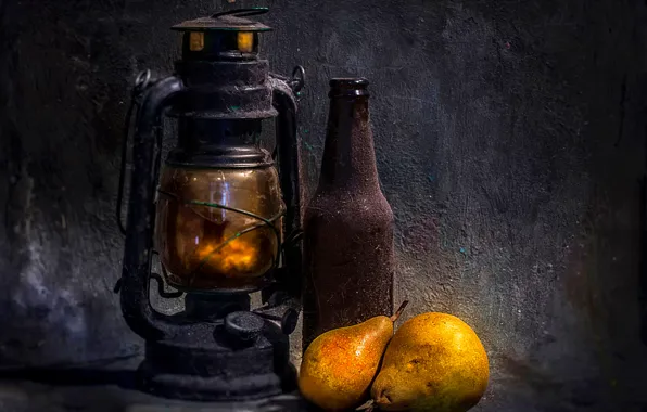 Bottle, lamp, dust, still life, Two pears