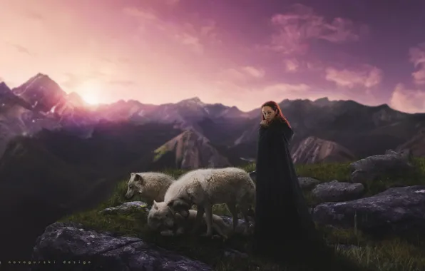 Picture the sky, girl, sunset, mountains, nature, lights, dawn, Wallpaper