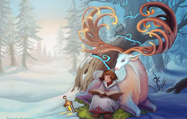 Winter, forest, tree, deer, art, girl, lantern, horns
