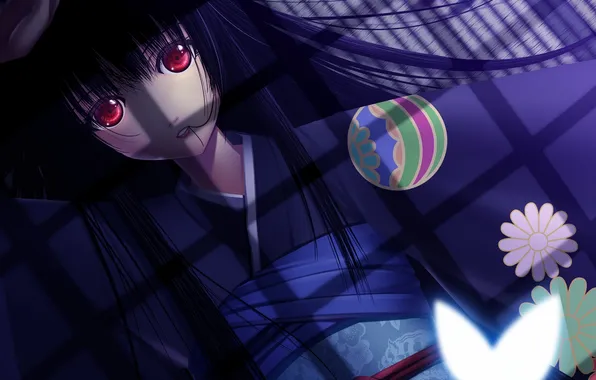 Girl, balls, night, butterfly, anime, art, kimono, Enma Ai