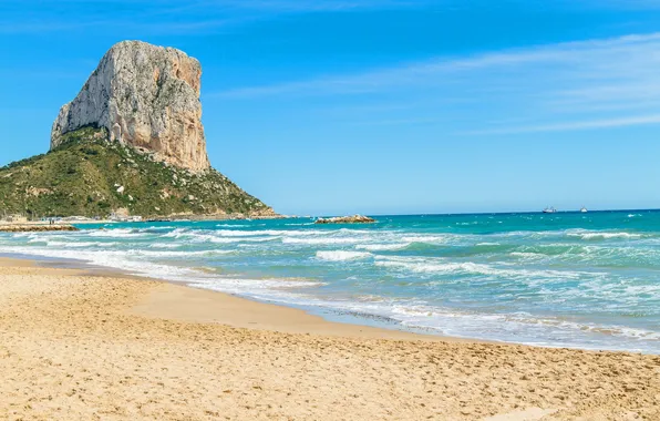 Sand, sea, beach, the sky, clouds, mountains, stones, rocks