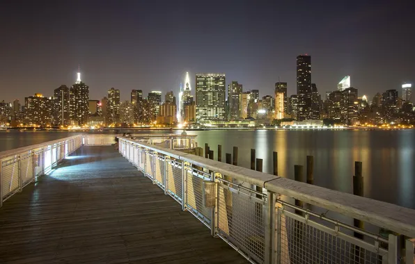 Night, bridge, the city, lights, river, building, home, New York