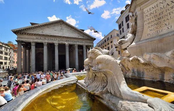 People, area, Rome, Italy, columns, fountain, Pantheon
