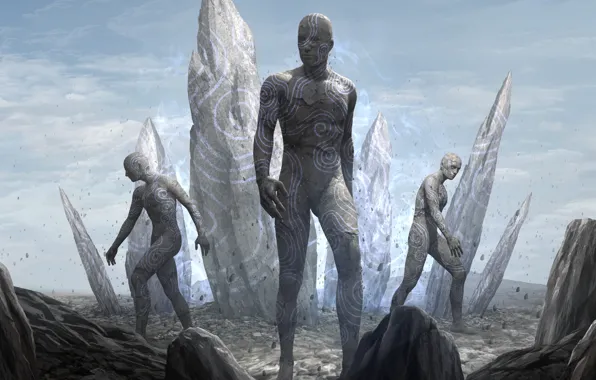 Fiction, stone, robots, art, soldiers, cyborg, cyberpunk