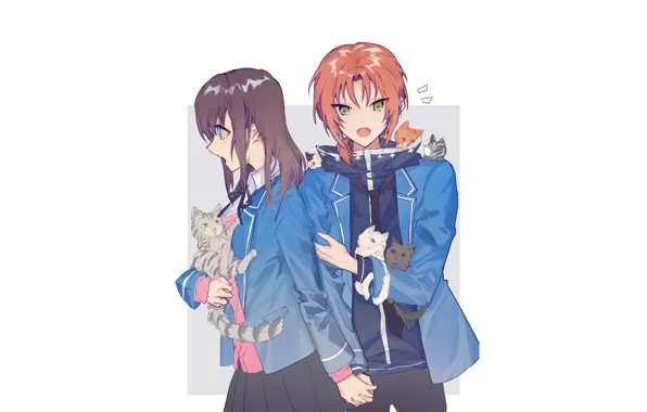 Girl, kittens, guy, two, Fanart, Ensemble Stars!, Anzu, Tsukinaga Leo
