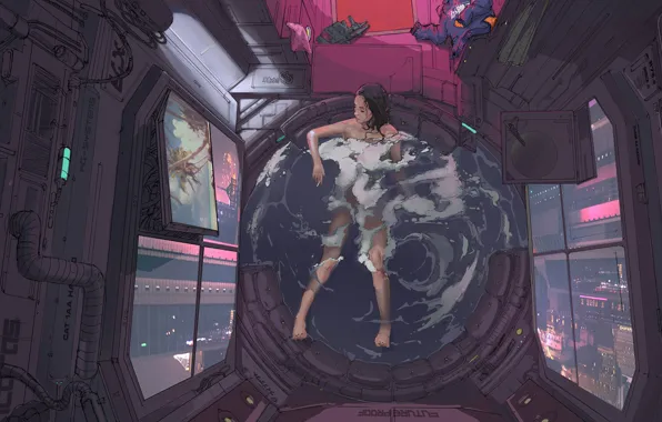 Future, girl, art, bath, cyberpunk, screen, turntable, assault rifle