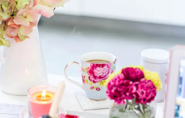 Picture flowers, figure, coffee, roses, candles, Breakfast, Cup, vase