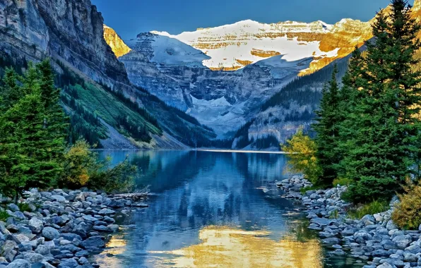 Picture trees, mountains, lake, stones, Canada, channel, Banff National Park, Alberta