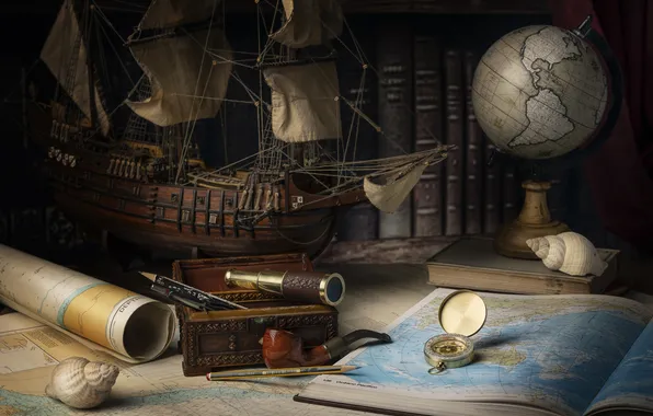 Travel, ship, map, still life, compass, globe