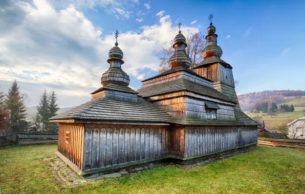 Picture clouds, autumn, In the basement, the sky, temple, trees, grass, Church