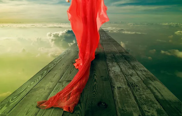 Picture the sky, clouds, bridge, train, ring, the girl in the red dress, The Red