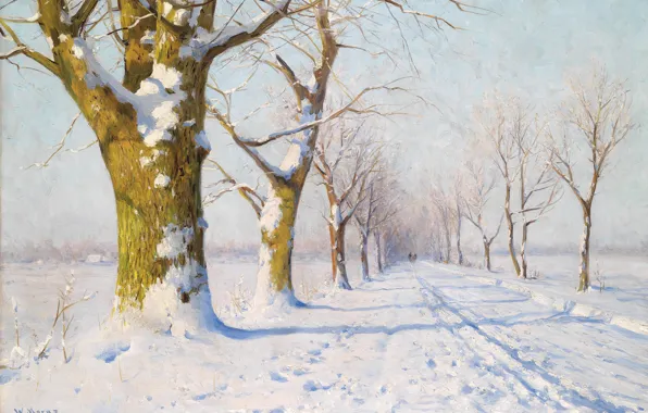 Picture winter, snow, trees, picture, painting, Walter Moras