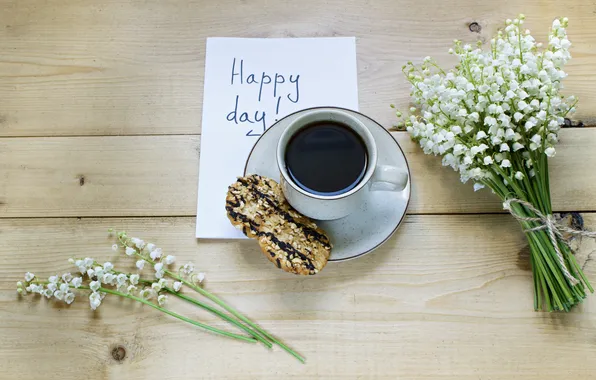 Flowers, lilies of the valley, wood, flowers, cup, coffee, good morning, a Cup of coffee