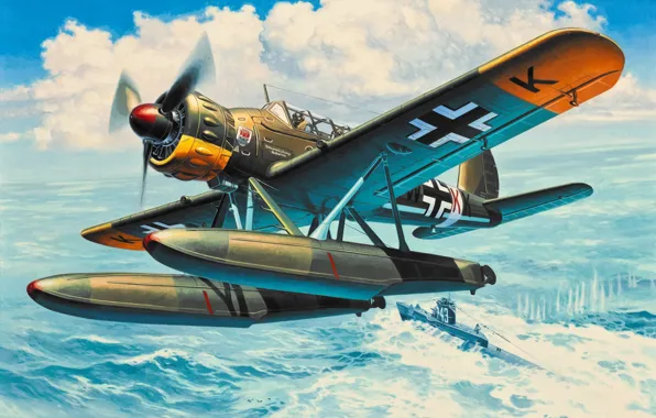 War, art, airplane, painting, aviation, ww2, Arado Ar 196