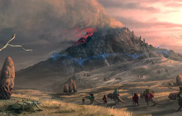 Picture stones, desert, smoke, mountain, the volcano, art, caravan, Morrowind
