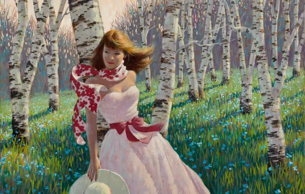 Forest, girl, flowers, spring, birch, painting, Arthur Saron Sarnoff, pink dress