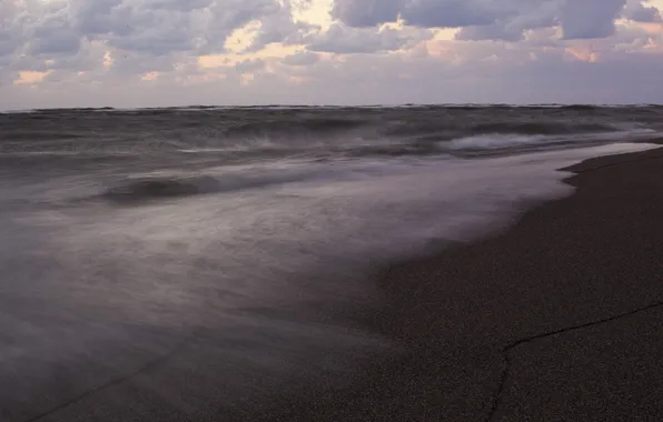 Sand, sea, wave, beach, the sky, clouds, clouds, grey