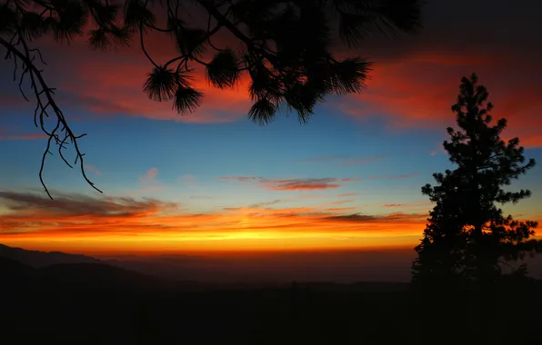 The sky, clouds, trees, mountains, glow