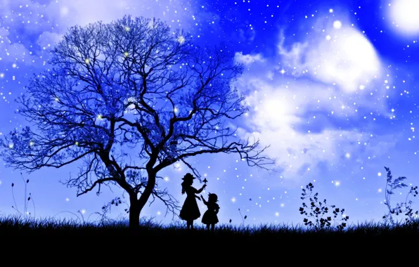 The sky, grass, girl, stars, clouds, night, branches, tree