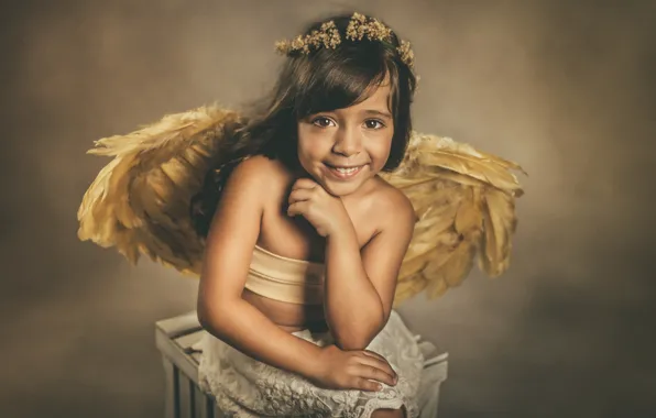 Picture look, smile, mood, wings, angel, girl, wreath
