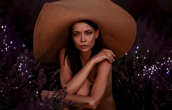 Girl, the dark background, hat, lavender, Angelina Petrova