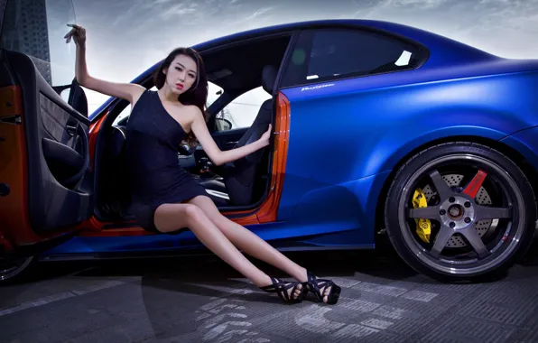 Look, girl, BMW, Asian, beautiful girl, blue auto, sitting on the threshold