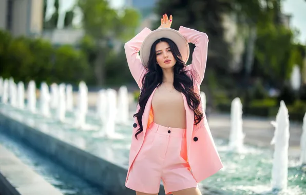 Picture pose, shorts, hat, brunette, costume, fountain, jacket, long hair