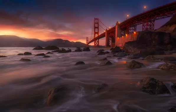 Picture mountains, night, bridge, Strait, stones, CA, San Francisco, Golden Gate Bridge