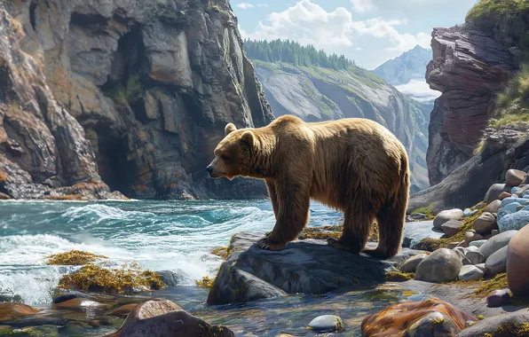 Water, Mountains, Trees, Stones, Bear, Predator, River, Digital art