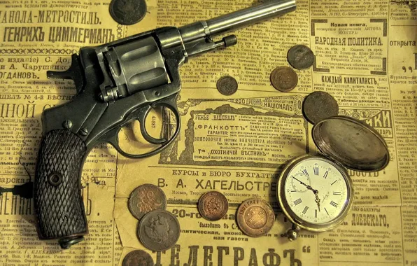 Newspaper, coins, revolver, history, Antiques, revolver, pocket watch