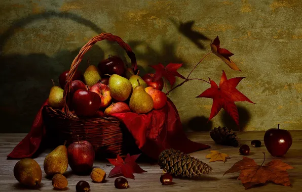 Leaves, the dark background, table, apples, harvest, fabric, fruit, nuts