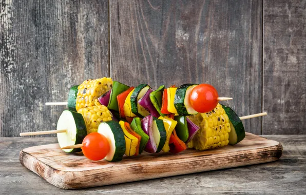 Corn, Board, pepper, vegetables, tomatoes, kebab, zucchini, pepper