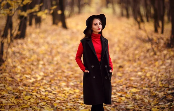 Autumn, look, leaves, trees, Park, model, portrait, hat