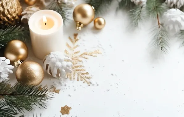 Balls, decoration, branches, candle, Christmas, white background, New year, white
