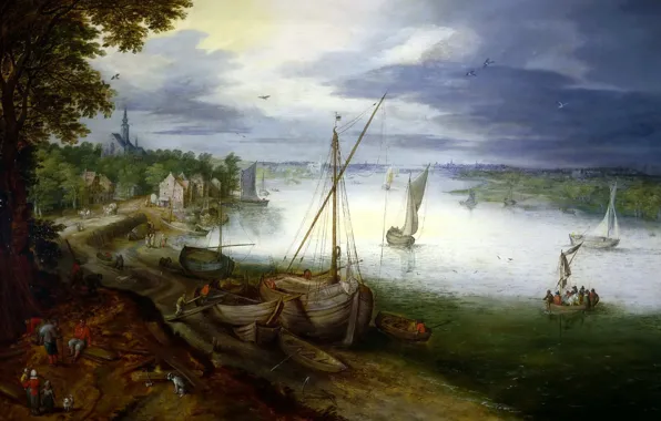 Picture landscape, river, boat, picture, Jan Brueghel the younger, View on the Scheldt near Antwerp