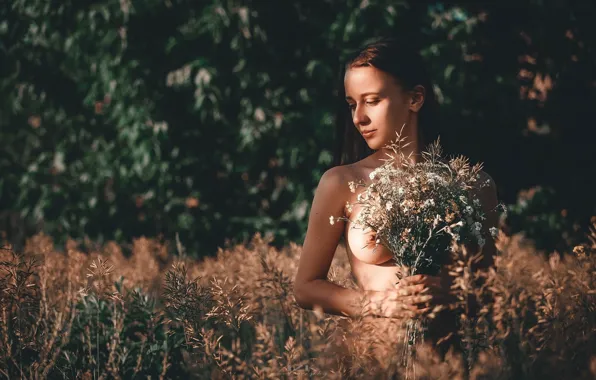 NATURE, CHEST, BRUNETTE, FLOWERS, BOUQUET