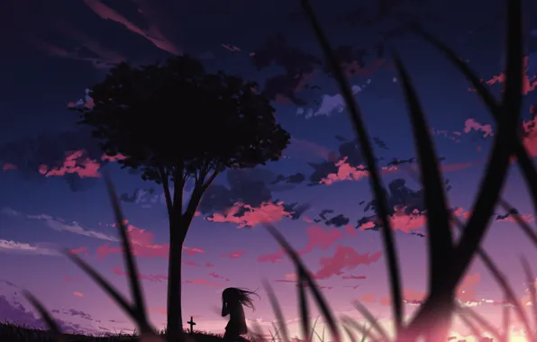 The sky, girl, trees, sunset, crying, grave, by arttssam