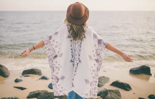 Picture sea, girl, pose, the ocean, hat