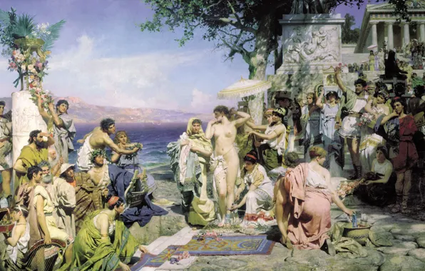 Picture sea, mountains, oil, Canvas, antique, 1889, Henri semiradzki, Phryne at the festival of Poseidon in …