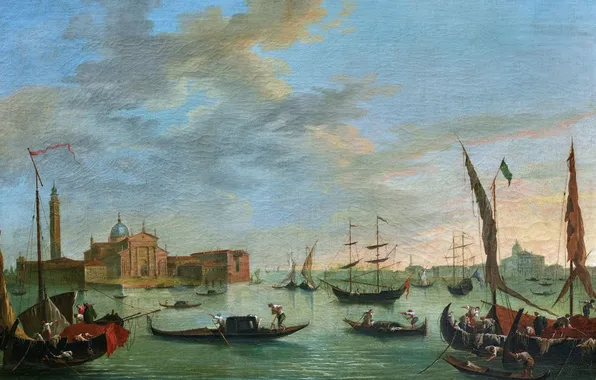 Water, Boats, Picture, Venice, Ships, Gondola, Italian artist, Gondoliers